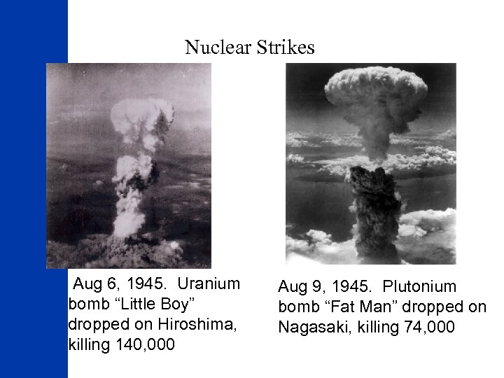  Nuclear Strikes Aug 6, 1945. Uranium bomb “Little Boy” dropped on Hiroshima, killing
