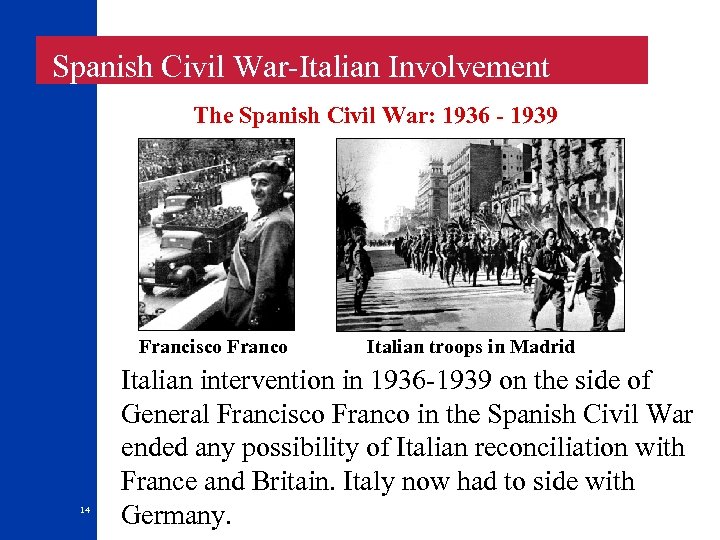  Spanish Civil War-Italian Involvement The Spanish Civil War: 1936 - 1939 Francisco Franco