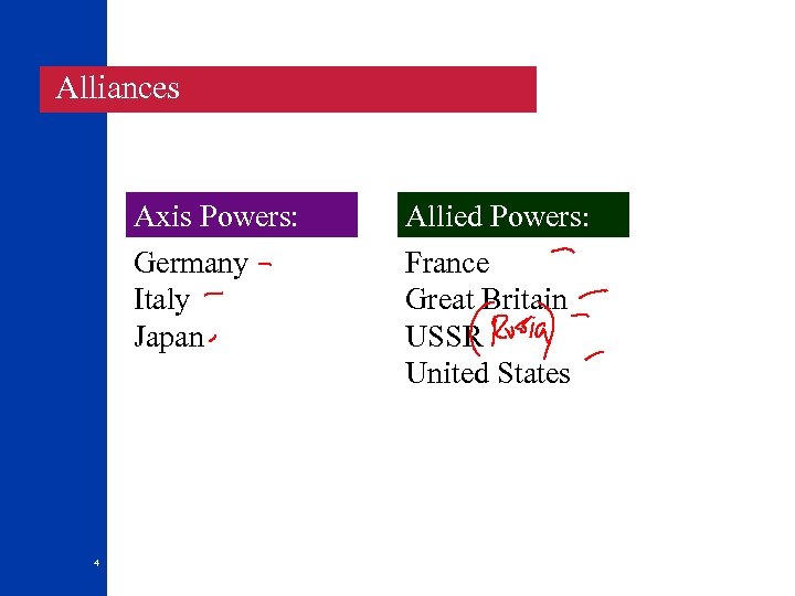  Alliances Axis Powers: Germany Italy Japan 4 Allied Powers: France Great Britain USSR