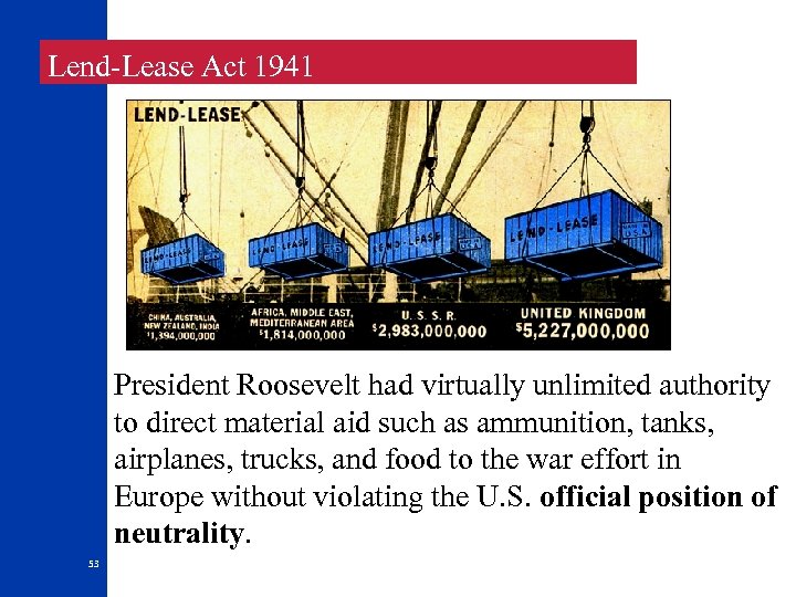  Lend-Lease Act 1941 President Roosevelt had virtually unlimited authority to direct material aid