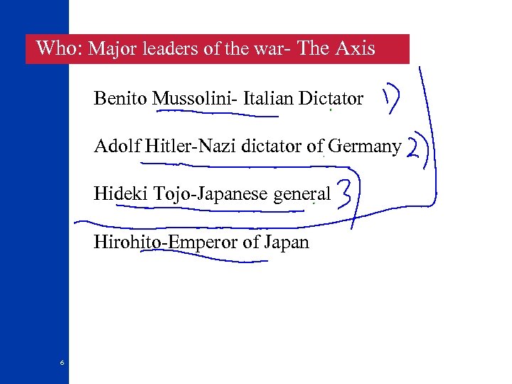  Who: Major leaders of the war- The Axis Benito Mussolini- Italian Dictator Adolf