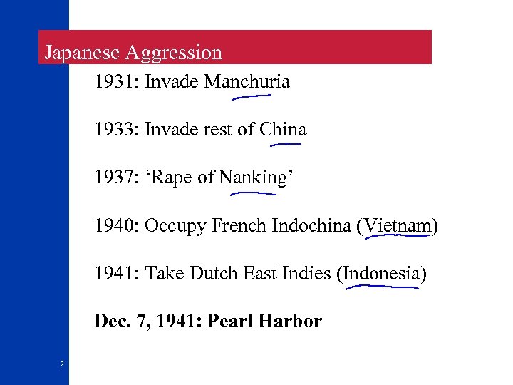  Japanese Aggression 1931: Invade Manchuria 1933: Invade rest of China 1937: ‘Rape of