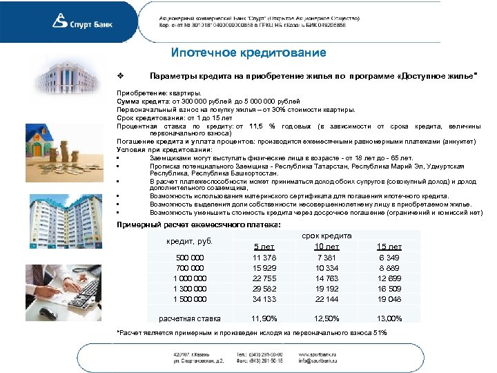 Ипотечное кредитование v Параметры кредита на приобретение жилья по программе «Доступное жилье" Приобретение: квартиры.