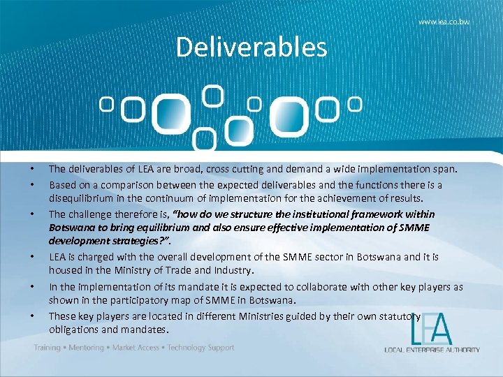 Deliverables • • • The deliverables of LEA are broad, cross cutting and demand
