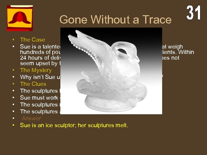 Gone Without a Trace • The Case • Sue is a talented sculptor. She