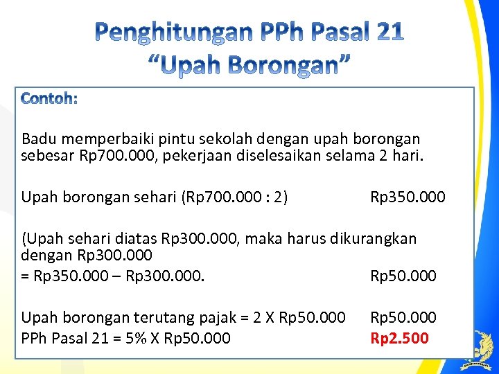 Badu memperbaiki pintu sekolah dengan upah borongan sebesar Rp 700. 000, pekerjaan diselesaikan selama