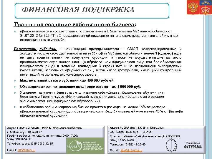 ФИНАНСОВАЯ ПОДДЕРЖКА Гранты на создание собственного бизнеса: Ø предоставляются в соответствии с постановлением Правительства