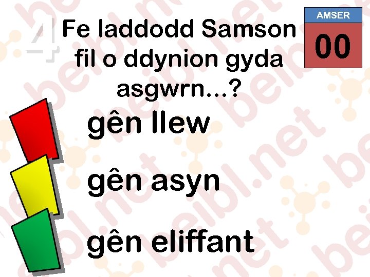 4 Fe laddodd Samson fil o ddynion gyda asgwrn. . . ? gên llew