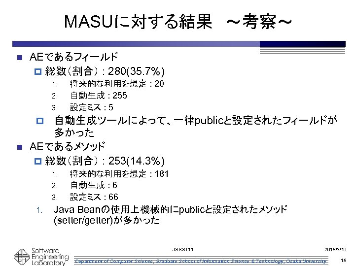 MASUに対する結果　～考察～ n AEであるフィールド p 総数（割合） : 280(35. 7%) 1. 2. 3. 将来的な利用を想定 : 20