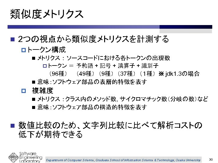 類似度メトリクス n 2つの視点から類似度メトリクスを計測する p トークン構成 n メトリクス ： ソースコードにおける各トークンの出現数 p トークン ＝ 予約語 +