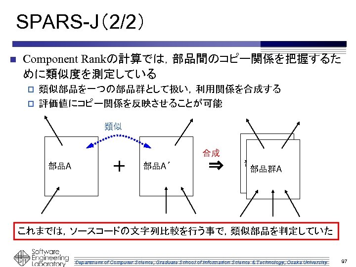 SPARS-J（2/2） n Component Rankの計算では，部品間のコピー関係を把握するた めに類似度を測定している 類似部品を一つの部品群として扱い，利用関係を合成する p 評価値にコピー関係を反映させることが可能 p 類似 部品A + 合成 部品A´