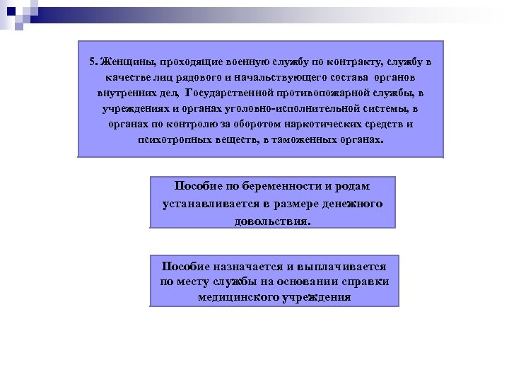 5. Женщины, проходящие военную службу по контракту, службу в качестве лиц рядового и начальствующего