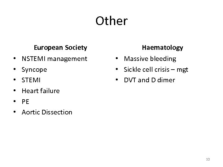 Other European Society • • • NSTEMI management Syncope STEMI Heart failure PE Aortic