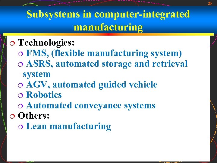 29 Subsystems in computer-integrated manufacturing ¦ Technologies: ¦ FMS, (flexible manufacturing system) ¦ ASRS,