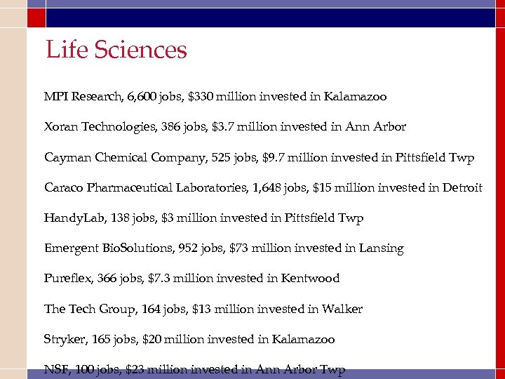 Life Sciences MPI Research, 6, 600 jobs, $330 million invested in Kalamazoo Xoran Technologies,