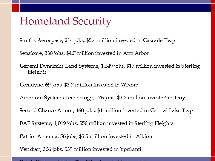 Homeland Security Smiths Aerospace, 214 jobs, $5. 4 million invested in Cascade Twp Sensicore,