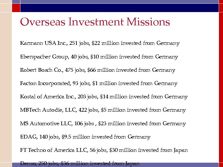Overseas Investment Missions Karmann USA Inc. , 251 jobs, $22 million invested from Germany