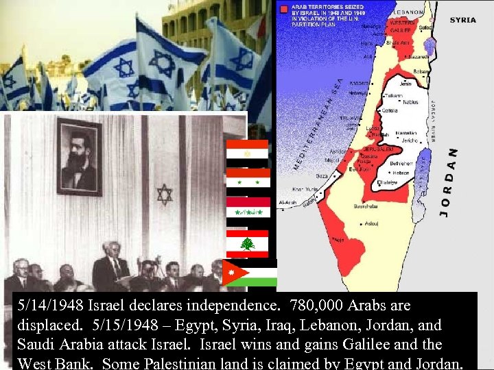 5/14/1948 Israel declares independence. 780, 000 Arabs are displaced. 5/15/1948 – Egypt, Syria, Iraq,