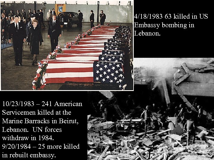 4/18/1983 63 killed in US Embassy bombing in Lebanon. 10/23/1983 – 241 American Servicemen