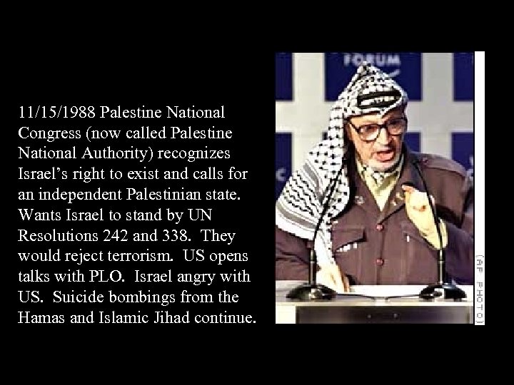 11/15/1988 Palestine National Congress (now called Palestine National Authority) recognizes Israel’s right to exist
