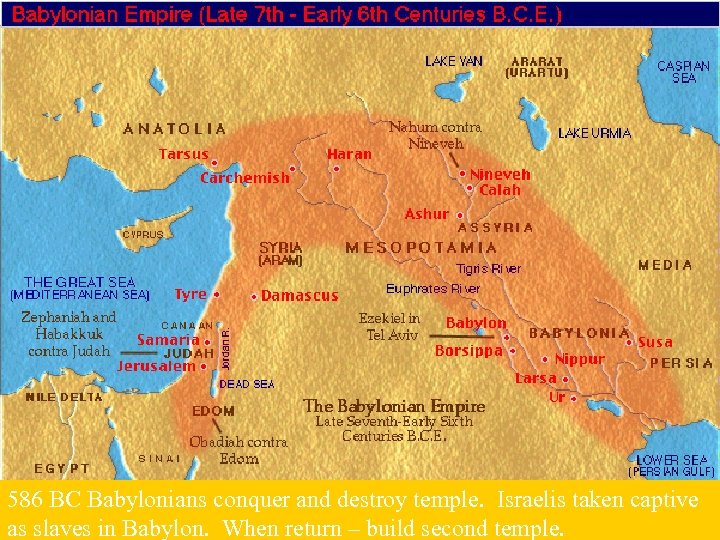 586 BC Babylonians conquer and destroy temple. Israelis taken captive as slaves in Babylon.