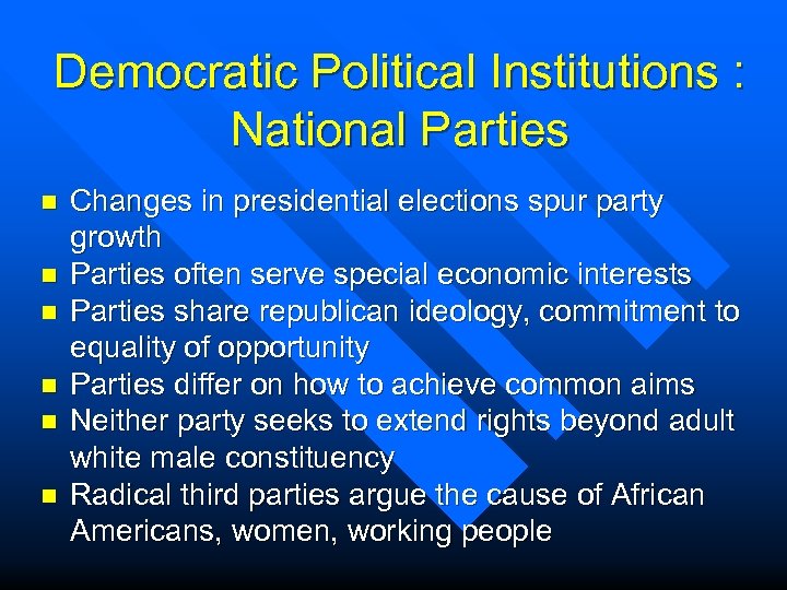 Democratic Political Institutions : National Parties n n n Changes in presidential elections spur