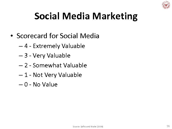 Social Media Marketing • Scorecard for Social Media – 4 - Extremely Valuable –