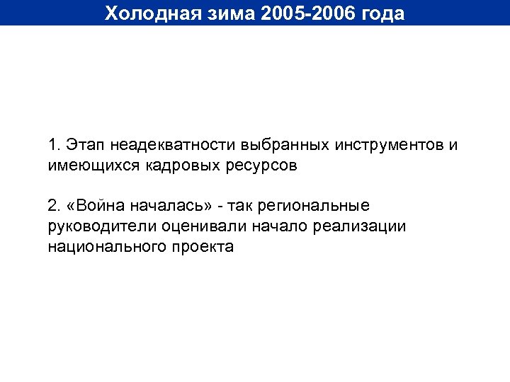 Холодная зима 2005 -2006 года 1. Этап неадекватности выбранных инструментов и имеющихся кадровых ресурсов