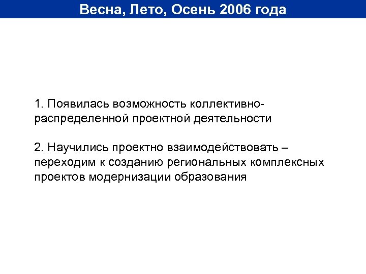 Весна, Лето, Осень 2006 года 1. Появилась возможность коллективнораспределенной проектной деятельности 2. Научились проектно