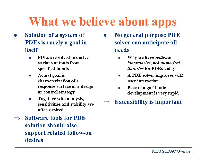 What we believe about apps l Solution of a system of PDEs is rarely