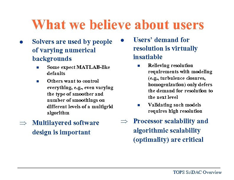 What we believe about users l Solvers are used by people of varying numerical