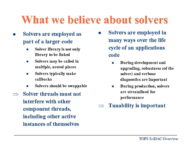 What we believe about solvers l Solvers are employed as part of a larger