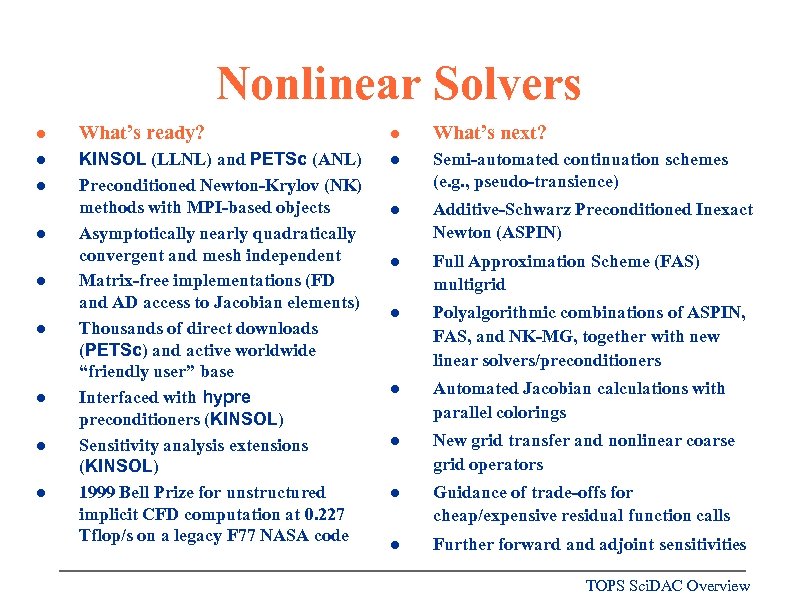 Nonlinear Solvers l What’s ready? l What’s next? l KINSOL (LLNL) and PETSc (ANL)