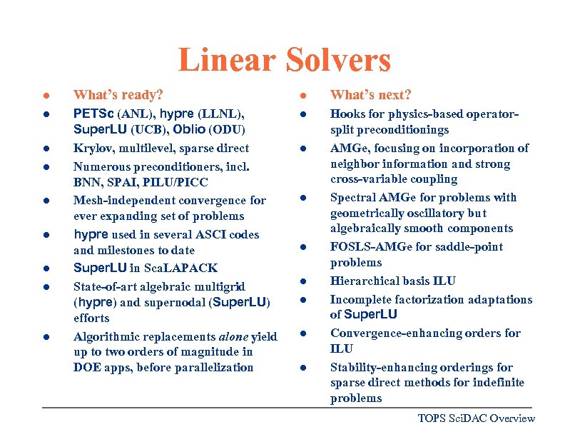 Linear Solvers l What’s ready? l What’s next? l PETSc (ANL), hypre (LLNL), Super.
