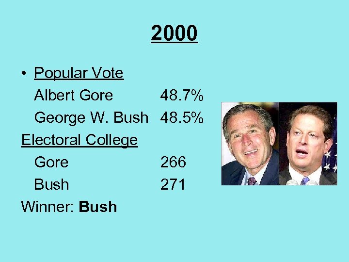 2000 • Popular Vote Albert Gore George W. Bush Electoral College Gore Bush Winner: