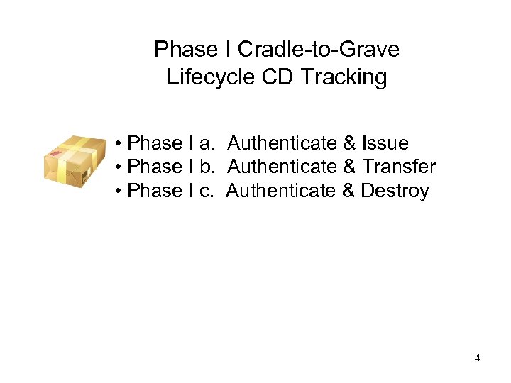 Phase I Cradle-to-Grave Lifecycle CD Tracking • Phase I a. Authenticate & Issue •