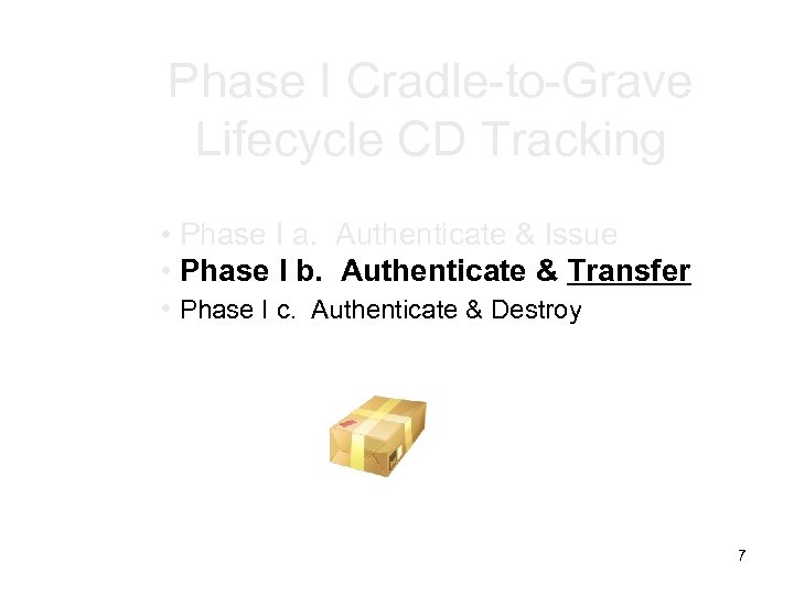 Phase I Cradle-to-Grave Lifecycle CD Tracking • Phase I a. Authenticate & Issue •