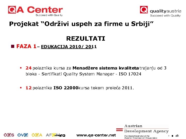 Projekat “Održivi uspeh za firme u Srbiji” REZULTATI n FAZA 1 – EDUKACIJA 2010/