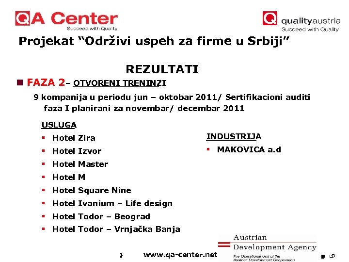 Projekat “Održivi uspeh za firme u Srbiji” REZULTATI n FAZA 2 – OTVORENI TRENINZI