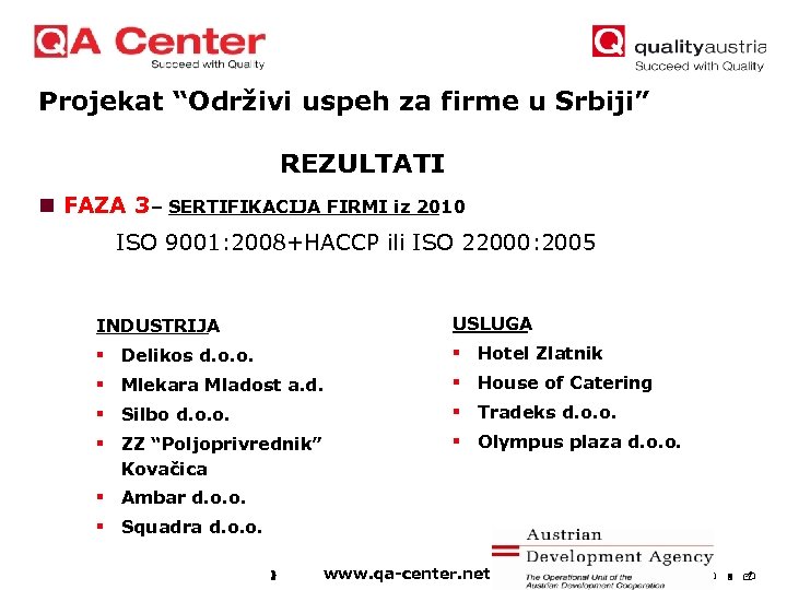 Projekat “Održivi uspeh za firme u Srbiji” REZULTATI n FAZA 3 – SERTIFIKACIJA FIRMI