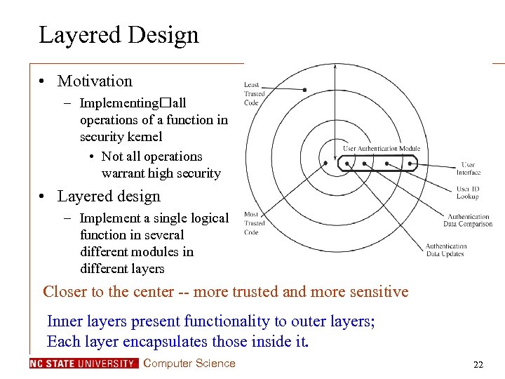 Layered Design • Motivation – Implementing all operations of a function in security kernel