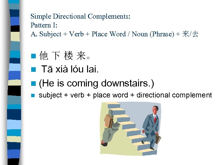 Simple Directional Complements: Pattern I: A. Subject + Verb + Place Word / Noun