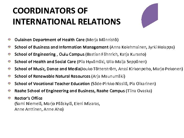 COORDINATORS OF INTERNATIONAL RELATIONS Oulainen Department of Health Care (Merja Männistö) Coordinator School of