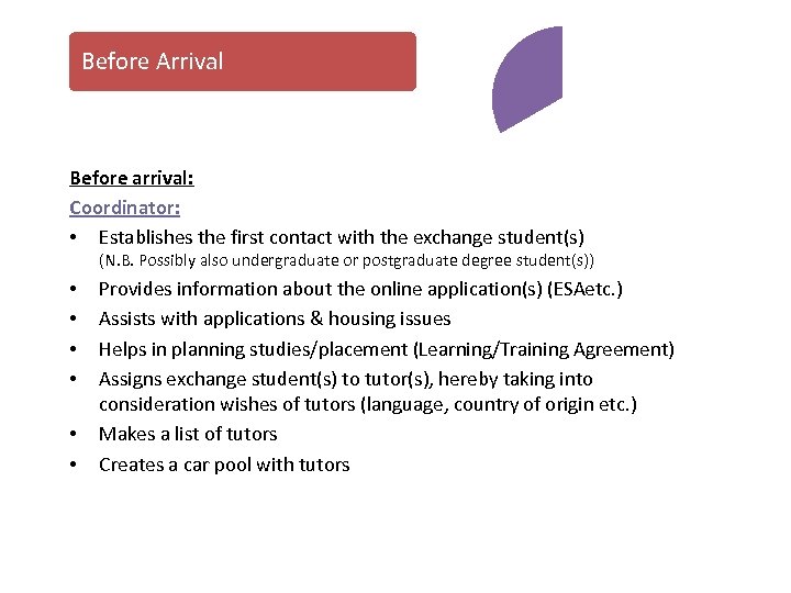 Before Arrival Coordinator Before arrival: Coordinator: • Establishes the first contact with the exchange