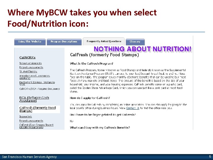 Where My. BCW takes you when select Food/Nutrition icon: San Francisco Human Services Agency