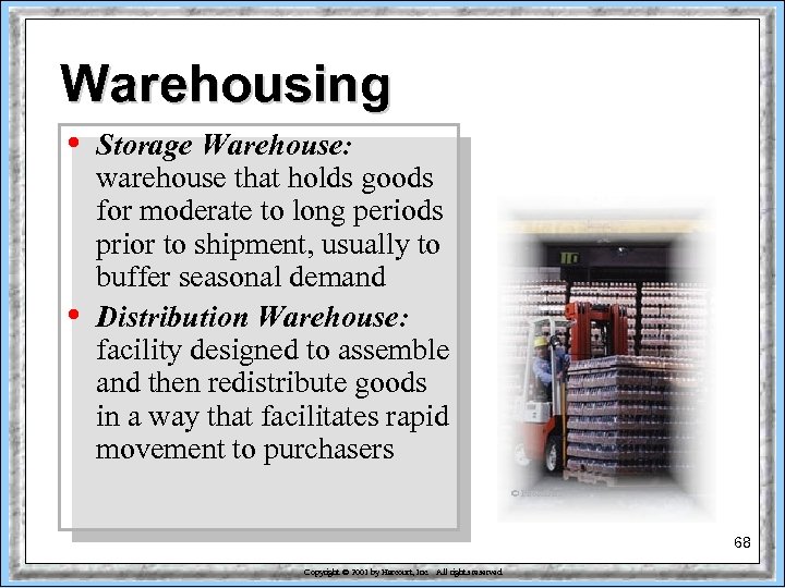 Warehousing • • Storage Warehouse: warehouse that holds goods for moderate to long periods