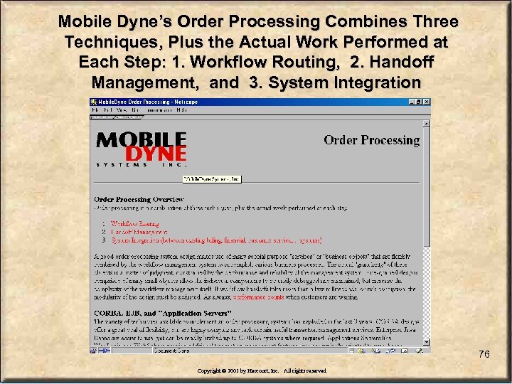 Mobile Dyne’s Order Processing Combines Three Techniques, Plus the Actual Work Performed at Each