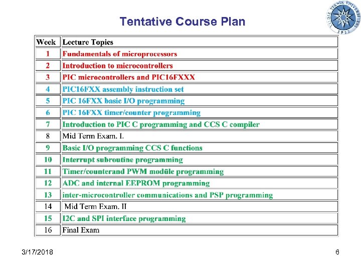 Tentative Course Plan 3/17/2018 6 