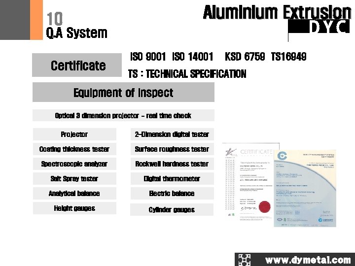 Aluminium Extrusion 10 DYC Q. A System Certificate ISO 9001 ISO 14001 KSD 6759