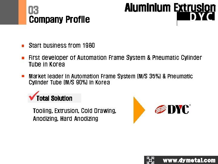 03 Company Profile Aluminium Extrusion DYC Start business from 1980 First developer of Automation